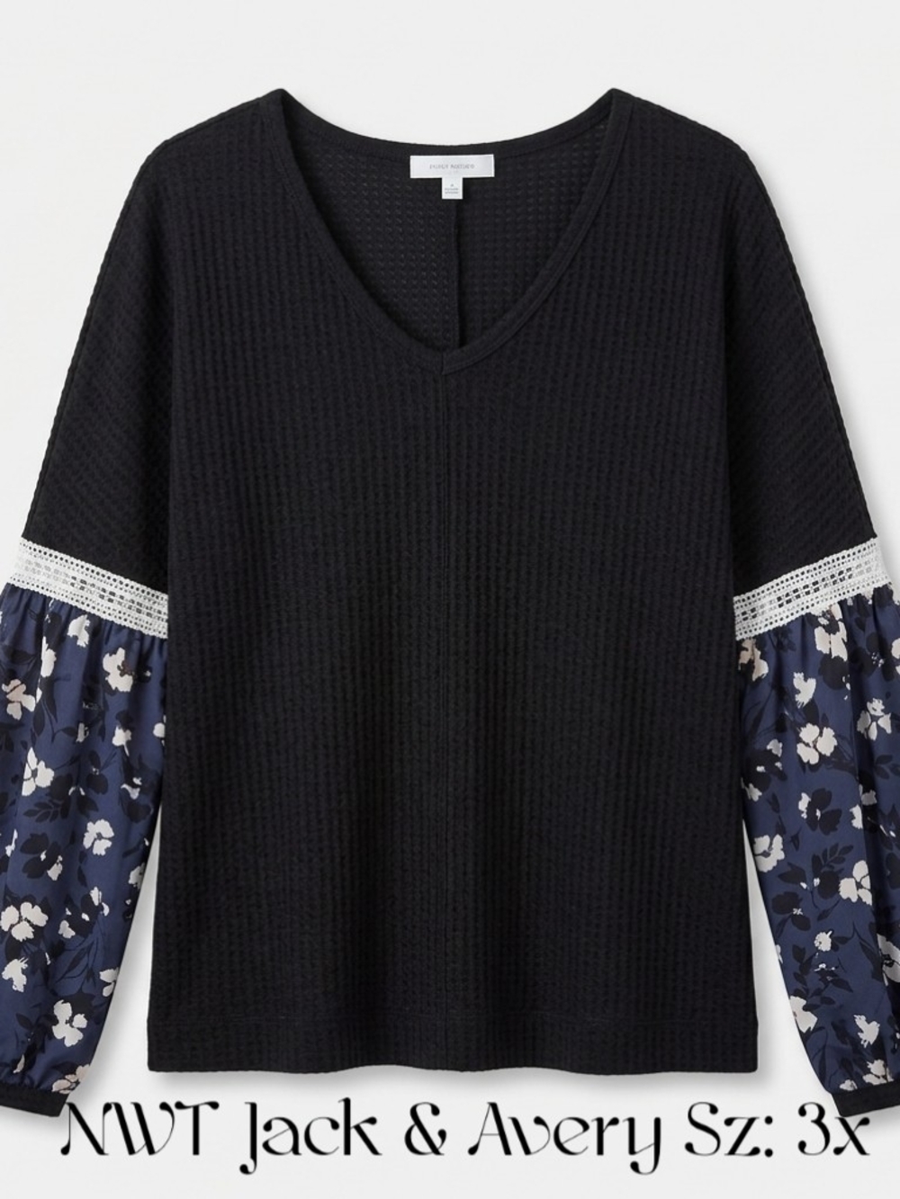 Black V-Neck Mixed Media Thermal Top with Navy Floral Puff Sleeves-3X